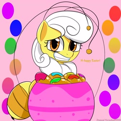 Size: 3000x3000 | Tagged: safe, artist:bestponies, artist:bestponies art, derpibooru import, oc, oc only, bee, bee pony, insect, monster pony, original species, pony, changeling egg, easter, egg, female, holiday, looking at you, mare, smiling, solo