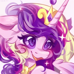 Size: 2048x2048 | Tagged: safe, artist:vanilla-chan, derpibooru import, princess cadance, alicorn, pony, blushing, bust, crown, cute, cutedance, female, jewelry, mare, open mouth, open smile, regalia, simple background, smiling, solo, white background