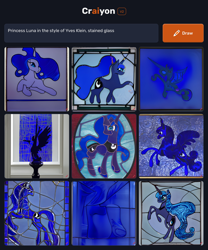 Size: 1536x1850 | Tagged: safe, derpibooru import, machine learning generated, princess luna, alicorn, changeling, pony, unicorn, black background, blue, blue background, craft, craiyon, embryo, horn, international klein blue, long horn, modern art, race swap, sculpture, shattered glass, simple background, stained glass, statue, unicorn luna, wings, yves klien