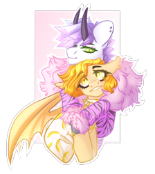 Size: 3432x3832 | Tagged: safe, artist:dreamyrat, derpibooru import, oc, oc only, bat pony, earth pony, pony, bat pony oc, clothes, commission, couple, earth pony oc, golden eyes, green eyes, horns, hug, looking down, looking up, oc x oc, open mouth, open smile, shipping, simple background, smiling, transparent background