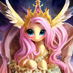 Size: 2048x2048 | Tagged: safe, derpibooru exclusive, derpibooru import, generator:purplesmart.ai, generator:stable diffusion, machine learning generated, fluttershy, pegasus, pony, crown, female, jewelry, princess, prompter:avalaz6214, regalia, solo