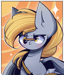 Size: 1950x2300 | Tagged: safe, artist:miryelis, derpibooru import, derpy hooves, pegasus, pony, background pony, bag, big ears, blushing, bust, duckface, ears, letter, pencil, short hair, signature, simple background, solo, sparkles, wings
