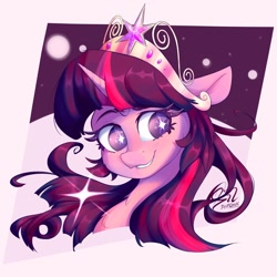 Size: 1500x1500 | Tagged: safe, artist:silshadnic, twilight sparkle, twilight sparkle (alicorn), alicorn, pony, big crown thingy, bust, element of magic, female, grin, jewelry, mare, regalia, smiling, solo, starry eyes, tiara, wingding eyes
