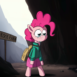 Size: 1632x1632 | Tagged: safe, derpibooru import, machine learning assisted, pinkie pie, earth pony, semi-anthro, backpack, clothes, crying, detailed background, jacket, sad, skirt, solo, teary eyes