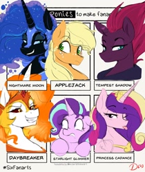 Size: 1715x2040 | Tagged: safe, artist:thelunarmoon, derpibooru import, applejack, daybreaker, nightmare moon, princess cadance, starlight glimmer, tempest shadow, alicorn, pony, unicorn, six fanarts