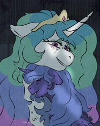 Size: 1500x1900 | Tagged: safe, artist:cluterdrop, derpibooru import, princess celestia, princess luna, alicorn, pony, friendship is magic, bust, crying, duo, ears, eyes closed, female, floppy ears, mare, neck nuzzle, s1 luna, scene interpretation, siblings, sisters, tears of joy