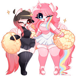 Size: 4038x4016 | Tagged: safe, artist:franshushu, derpibooru import, oc, oc only, oc:arwencuack, oc:nekonin, alicorn, anthro, pegasus, :3, advertisement, arm hooves, cheerleader, commission, commission info, cute, duo, female, heart, heart eyes, high heels, male, open mouth, pom pom, shoes, shy, simple background, smiling, thicc thighs, thighs, thunder thighs, white background, wide hips, wingding eyes