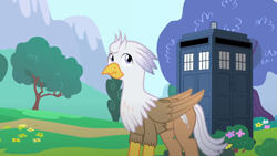 Size: 1280x720 | Tagged: safe, artist:mlp-silver-quill, derpibooru import, oc, oc:silver quill, hippogriff, after the fact, after the fact:it ain't easy being breezies, doctor who, scrunchy face, solo, tardis, tree