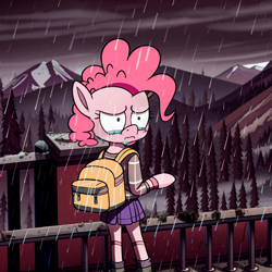 Size: 1632x1632 | Tagged: safe, derpibooru import, machine learning assisted, pinkie pie, semi-anthro, backpack, bracelet, clothes, crying, detailed background, jewelry, outdoors, rain, sad, skirt, sweater