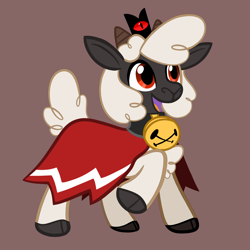 Size: 2048x2048 | Tagged: safe, artist:leafytaffy, derpibooru import, lamb, sheep, g4, bell, bell collar, brown background, collar, cult of the lamb, male, not pony related, raised hoof, raised leg, red crown, simple background, solo, style emulation