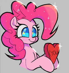 Size: 1483x1558 | Tagged: safe, artist:ponconcarnal, derpibooru import, pinkie pie, earth pony, pony, (you), bust, cute, diapinkes, female, gray background, hoof hold, mare, simple background, smiling, solo, sparkles, sparkly eyes, sparkly mane, starry eyes, stars, wingding eyes