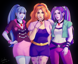 Size: 2665x2199 | Tagged: safe, artist:xiaowu07, derpibooru import, adagio dazzle, aria blaze, sonata dusk, human, equestria girls, rainbow rocks, dark background, female, looking at you, realistic, smiling, smiling at you, the dazzlings, trio, trio female