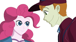 Size: 677x379 | Tagged: safe, artist:nathaniel718, derpibooru import, coach rommel, pinkie pie, human, equestria girls, cap, clothes, duo, female, hat, looking at each other, looking at someone, male, rommelpie, shipping, simple background, white background