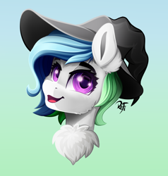 Size: 2000x2100 | Tagged: safe, artist:rainbowfire, derpibooru import, oc, oc only, pony, bust, chest fluff, cute, female, gradient background, hat, looking at you, open mouth, purple eyes, smiling, solo