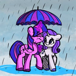 Size: 1173x1173 | Tagged: safe, artist:anderdraws, derpibooru import, rarity, twilight sparkle, twilight sparkle (alicorn), alicorn, pony, unicorn, duo, female, lesbian, looking at each other, looking at someone, magic, rain, rarilight, shipping, smiling, smiling at each other, telekinesis, umbrella