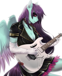 Size: 2100x2600 | Tagged: safe, artist:serodart, derpibooru import, oc, oc only, oc:#c0ffee, anthro, pegasus, black sclera, breasts, choker, cleavage, clothes, commission, cosplay, costume, electric guitar, emo, female, gloves, guitar, ibanez, musical instrument, piercing, rule 63, simple background, skirt, smiling, solo, white background, wings, yakuza