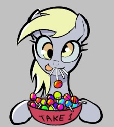 Size: 1057x1180 | Tagged: safe, artist:ponconcarnal, derpibooru import, derpy hooves, pegasus, pony, :p, bowl, candy, cute, derpabetes, eating, female, food, fuck the police, gray background, lollipop, mare, simple background, solo, tongue, tongue out