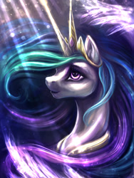 Size: 750x1000 | Tagged: safe, artist:kreativpony, derpibooru import, princess celestia, alicorn, colored, crown, female, jewelry, lighting, long mane, mare, peytral, regalia, smiling, solo