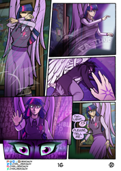 Size: 1500x2122 | Tagged: safe, artist:deroach, derpibooru import, midnight sparkle, twilight sparkle, oc, oc:daylight, human, comic:tales from equestria part 1, equestria girls, clothes, comic, cutie mark on clothes, equestria project humanized, fanfic, glowing, glowing eyes, humanized, implied starlight glimmer, jacket, school of friendship, shattered glass, tinyface, twilight snapple, winged humanization, wings