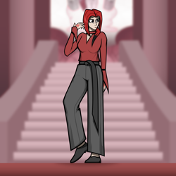 Size: 5000x5000 | Tagged: safe, artist:deroach, derpibooru import, oc, oc:crimson courage, human, abstract background, belt, breasts, cleavage, clothes, equestria project humanized, fanfic, fanfic art, humanized, long sleeves, pants, ponytail, red hair