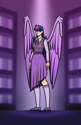 Size: 4000x6158 | Tagged: safe, artist:deroach, derpibooru import, edit, twilight sparkle, twilight sparkle (alicorn), alicorn, human, abstract background, clothes, cutie mark on clothes, equestria project humanized, fanfic, fanfic art, humanized, winged humanization, wings