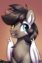 Size: 2000x3000 | Tagged: safe, artist:jedayskayvoker, derpibooru import, oc, oc:cloudy days, pegasus, pony, bust, chest fluff, cute, eyebrows, folded wings, gradient background, heterochromia, icon, male, pegasus oc, portrait, smiling, solo, stallion, wings