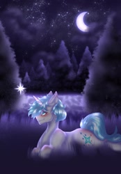 Size: 1423x2048 | Tagged: safe, artist:novadraws19205, derpibooru import, oc, oc only, pony, unicorn, crescent moon, forest, lying down, moon, night, prone, solo, stars