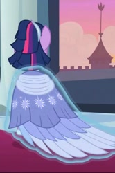 Size: 800x1202 | Tagged: safe, derpibooru import, screencap, twilight sparkle, twilight sparkle (alicorn), alicorn, pony, the last problem, alternate hairstyle, canterlot, canterlot castle, clothes, cropped, dress, evening, gown, levitation, magic, rear view, second coronation dress, solo, spinning, telekinesis