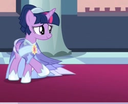 Size: 1017x826 | Tagged: safe, derpibooru import, screencap, twilight sparkle, twilight sparkle (alicorn), alicorn, pony, the last problem, canterlot, canterlot castle, carpet, clothes, dress, elegant, evening, female, gown, happy, mare, red carpet, regal, sash, second coronation dress, shoes, solo, turning