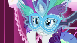 Size: 1000x563 | Tagged: safe, derpibooru import, screencap, rarity, scare master, clothes, costume, dress, fish tail, grin, masquerade mask, mermaid tail, mermarity, nightmare night costume, rarity's mermaid dress, seashell, smiling, tail