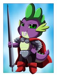 Size: 2350x3109 | Tagged: safe, artist:pridark, derpibooru import, spike, dragon, armor, boots, cape, clothes, commission, knight, knight spike, lance, male, shoes, simple background, smiling, solo, spear, weapon