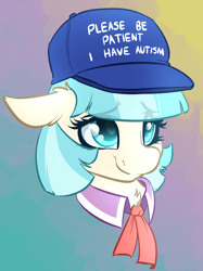 Size: 1496x1996 | Tagged: safe, artist:witchtaunter, derpibooru import, coco pommel, earth pony, pony, autism, bust, chest fluff, clothes, cocobetes, collar, commission, cute, ear fluff, ears, eyebrows, eyebrows visible through hair, female, floppy ears, gradient background, hat, headcanon, looking up, mare, necktie, nervous, please be patient i have autism, portrait, smiling, solo