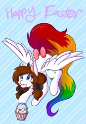 Size: 1423x2048 | Tagged: safe, artist:mscolorsplash, derpibooru import, oc, oc only, oc:color splash, pegasus, pony, abstract background, basket, bow, easter, easter egg, female, happy easter, holiday, hoof hold, mare, mouth hold, rainbow tail, solo, tail, tail bow