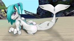 Size: 3840x2160 | Tagged: safe, artist:ragedox, derpibooru import, oc, original species, pony, shark, shark pony, beach, blue hair, fangs, female, fins, fish tail, gills, looking at you, mare, ponytail, shark pony oc, shark tail, tail, talking, talking to viewer