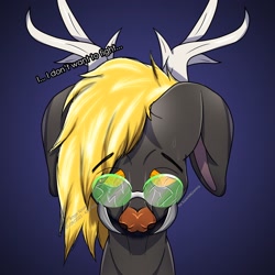 Size: 2160x2160 | Tagged: safe, artist:ragedox, derpibooru import, oc, changeling, deer, hybrid, broken, broken glasses, bust, commission, crying, glasses, horn, horns, mugshot, portrait, scared, solo