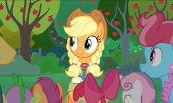 Size: 2037x1214 | Tagged: safe, derpibooru import, screencap, apple bloom, applejack, cup cake, scootaloo, spike, sweetie belle, dragon, earth pony, pegasus, pony, unicorn, the big mac question, alternate hairstyle, apple, apple tree, braid, clothes, cute, dress, formal wear, happy, jackabetes, orchard, rear view, smiling, sweet apple acres, tree