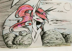 Size: 1280x923 | Tagged: safe, artist:prettyshinegp, derpibooru import, oc, oc only, pony, unicorn, female, food, hoof hold, horn, ice cream, ice cream cone, mare, outdoors, solo, sun, traditional art, unicorn oc