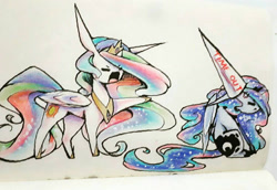 Size: 1099x758 | Tagged: safe, artist:prettyshinegp, derpibooru import, princess celestia, princess luna, alicorn, pony, angry, dunce hat, duo, female, hat, hoof shoes, mare, peytral, raised hoof, raised leg, traditional art