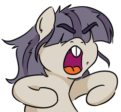Size: 698x641 | Tagged: safe, artist:jargon scott, derpibooru import, oc, oc only, oc:dot matrix, earth pony, pony, angry, bucktooth, bust, eyebrows, eyebrows visible through hair, female, hair over eyes, mare, mole, open mouth, simple background, solo, white background, yelling