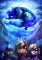 Size: 2896x4096 | Tagged: safe, artist:lupiarts, princess luna, alicorn, pony, absurd resolution, canterlot, children of the night, cloud, female, high res, male, outdoors, town