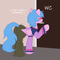 Size: 2048x2048 | Tagged: safe, artist:vaiola, derpibooru import, oc, oc only, alicorn, pony, advertisement, alicorn oc, bathroom, blushing, butt, cargo pants, clothes, commission, desperation, door, embarrassed, eyebrows, female, fetish, floor, full body, hockey jersey, horn, knocking, mare, need to pee, not izzy moonbow, omorashi, pants, plot, potty emergency, potty time, room, shaking, shivering, simple background, solo, speech, speech bubble, standing, sweater, tail, tail hole, talking, text, toilet, watersports, wings