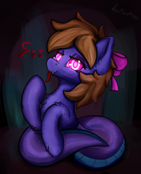 Size: 2200x2704 | Tagged: safe, artist:aquamuro, derpibooru import, oc, oc only, lamia, original species, pony, snake, snake pony, :p, bedroom eyes, bow, chest fluff, cute, cute little fangs, ear fluff, ears, eyeshadow, fangs, female, fluffy, forked tongue, hair bow, hypno eyes, hypnosis, lineart, looking at you, makeup, mare, open mouth, pink eyes, prehensile tail, raised hoof, raised leg, seductive look, signature, simple background, smug, smug smile, snake tail, solo, tail, tail hold, text, tongue, tongue out