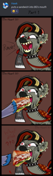 Size: 333x1102 | Tagged: safe, artist:firehearttheinferno, artist:luciothelucario, derpibooru import, part of a set, oc, oc only, oc:bg, oc:bloody gash, oc:hawker hurricane, oc:ruby blood, hybrid, pony, zebra, zony, fallout equestria, >:d, angry, bg is not amused, biting, black hooves, black mane, blaze (coat marking), coat markings, comic, confused, crying, cute, digital art, discord (program), ear piercing, earring, engraving, evil rarity, ex-raider, exclamation point, facial markings, facial scar, fallout equestria oc, fangs, female, fierce, filly, foal, food, force feeding, fry brains, funny, gray coat, grin, growling, hatchet, highlights, hoof hold, hooves, jewelry, leather, leather straps, looking at someone, male, mohawk, muffled words, multicolored hair, multicolored mane, onomatopoeia, personal space invasion, piercing, punk, question mark, raised tail, rawr, red eyes, sandwich, scar, sharp teeth, shaved mane, shocked, shocked expression, shoving, signature, silly, simple background, smiling, stallion, stripes, tail, tears of joy, teary eyes, teenager, teeth, this will end in death, this will end in tears, this will end in tears and/or death, weapon, wood, zebra oc, zony oc