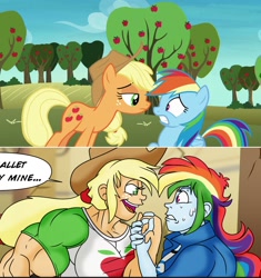 Size: 1280x1364 | Tagged: safe, artist:atariboy2600, artist:bluecarnationstudios, derpibooru import, edit, edited screencap, screencap, applejack, rainbow dash, comic:the amazonian effect, comic:the amazonian effect iv, equestria girls, apple, apple tree, applejacked, comparison, female, grin, muscles, muscular female, smiling, tree