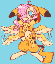 Size: 817x954 | Tagged: safe, artist:webkinzworldz, derpibooru import, fluttershy, pegasus, pikachu, pony, blue background, clothes, costume, flapping wings, kigurumi, onesie, pajamas, plushie, pokémon, simple background, solo, stimming, unshorn fetlocks, wings