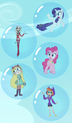 Size: 720x1228 | Tagged: safe, derpibooru import, pinkie pie, rarity, barbara gordon, batgirl, bubble, charlie morningstar, crossover, dc comics, dc superhero girls, female, hazbin hotel, in bubble, sky, star butterfly, star vs the forces of evil, trapped