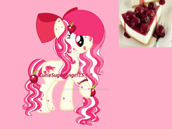 Size: 1024x765 | Tagged: safe, artist:sugarisweetlolita, derpibooru import, oc, earth pony, base used, bow, cherry, deviantart watermark, earth pony oc, female, food, freckles, gradient mane, hair bow, hairpin, mare, mottled coat, obtrusive watermark, photo, pink background, pink mane, simple background, tongue, tongue out, two toned coat, watermark, yellow coat