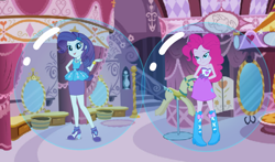 Size: 1228x720 | Tagged: safe, derpibooru import, pinkie pie, rarity, human, equestria girls, bubble, carousel boutique, female, in bubble, rarity peplum dress, trapped