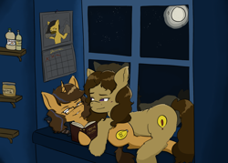 Size: 2100x1500 | Tagged: safe, artist:realnessarae, derpibooru import, oc, oc:epiphany thoughts, oc:eureka (thoughts), oc:pebbles roughmare, unicorn, book, calendar, cuddling, glasses, moon, night, reading, shelves, snow, snowpony, window