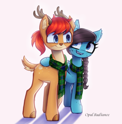 Size: 2800x2840 | Tagged: safe, artist:opal_radiance, derpibooru import, oc, oc only, bat pony, deer, pony, bat pony oc, clothes, commission, deer oc, duo, duo male and female, fangs, female, folded wings, freckles, high res, looking at each other, looking at someone, male, mare, non-pony oc, open mouth, open smile, scarf, shadow, side hug, signature, smiling, smiling at each other, striped scarf, unnamed oc, wings